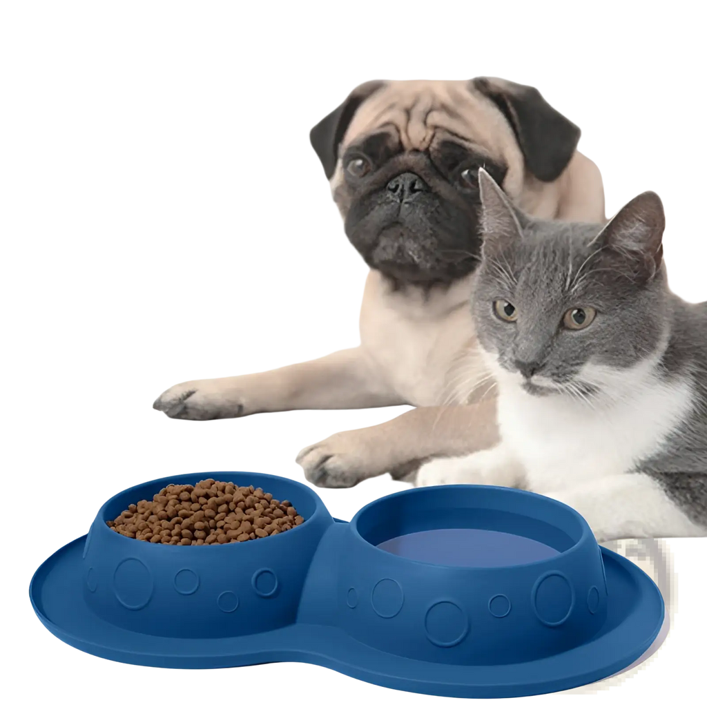 Blue silicone pet feeder with separate food and water compartments and textured circular exterior pattern