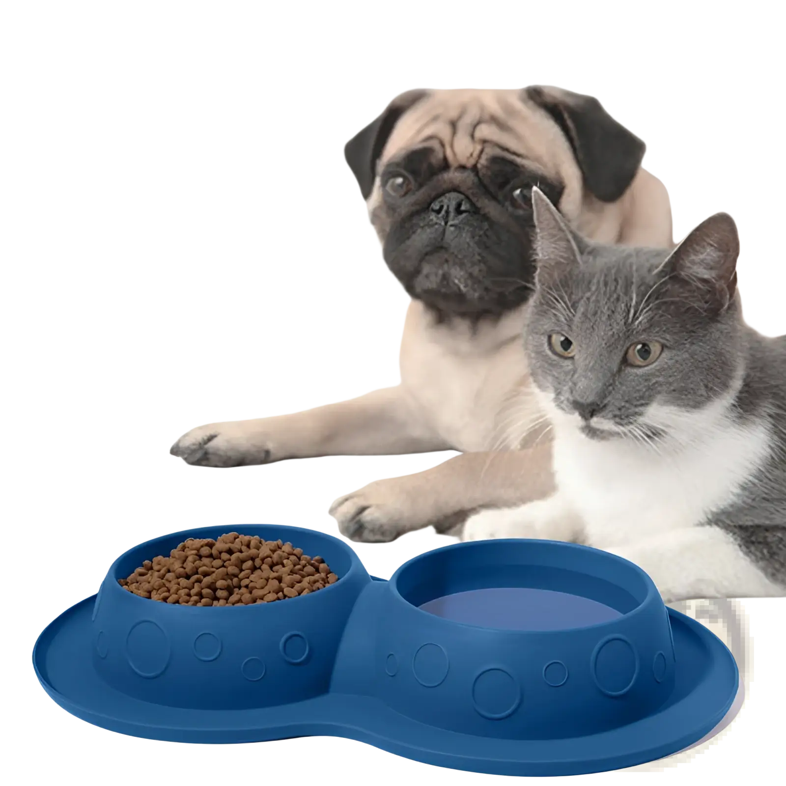 Blue silicone pet feeder with separate food and water compartments and textured circular exterior pattern
