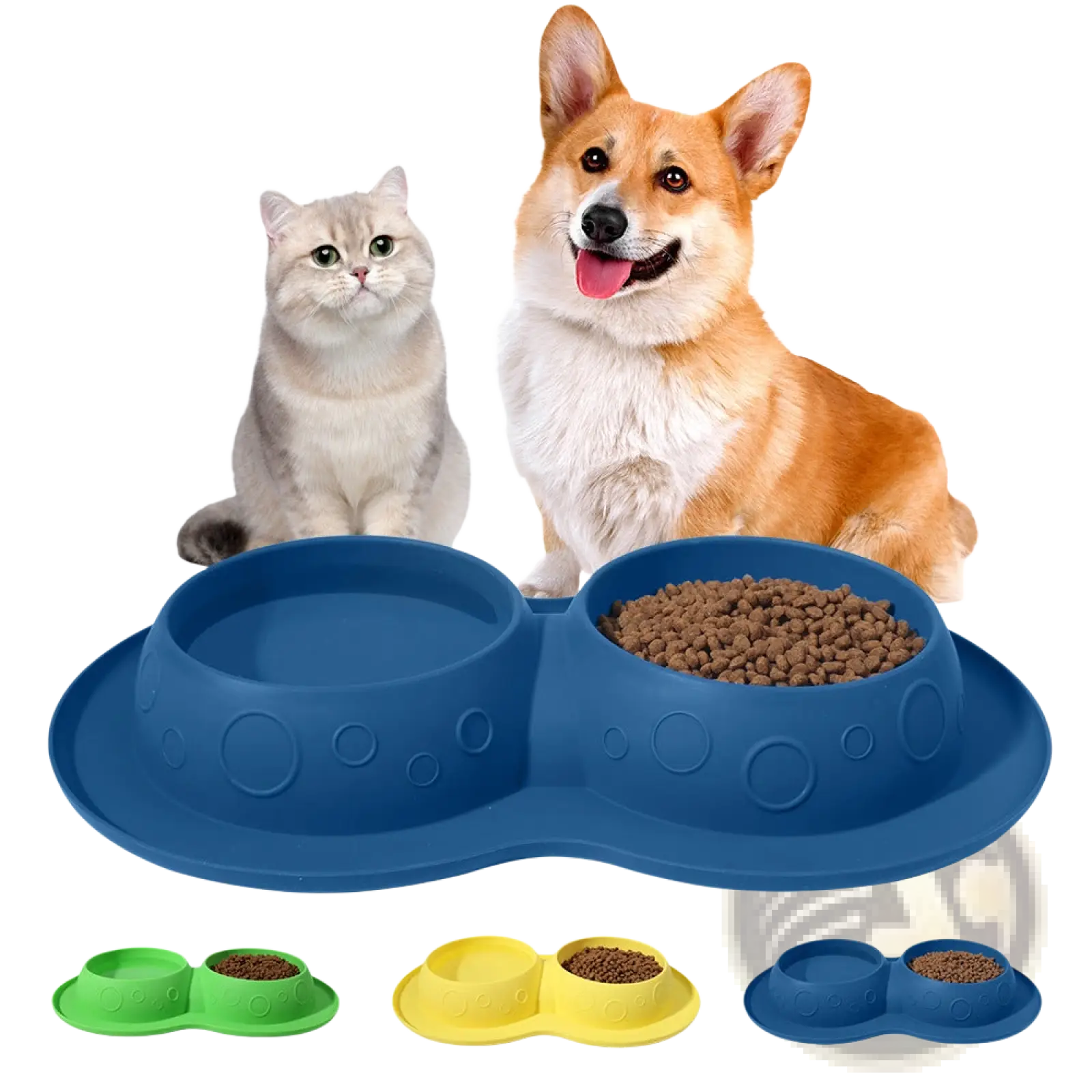 Blue silicone pet feeder with two compartments one filled with dry kibble part of silicone pet food and water bowl mat set