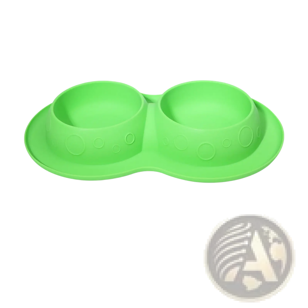 Bright green silicone pet food and water bowl mat set with two connected bowls featuring embossed circle patterns