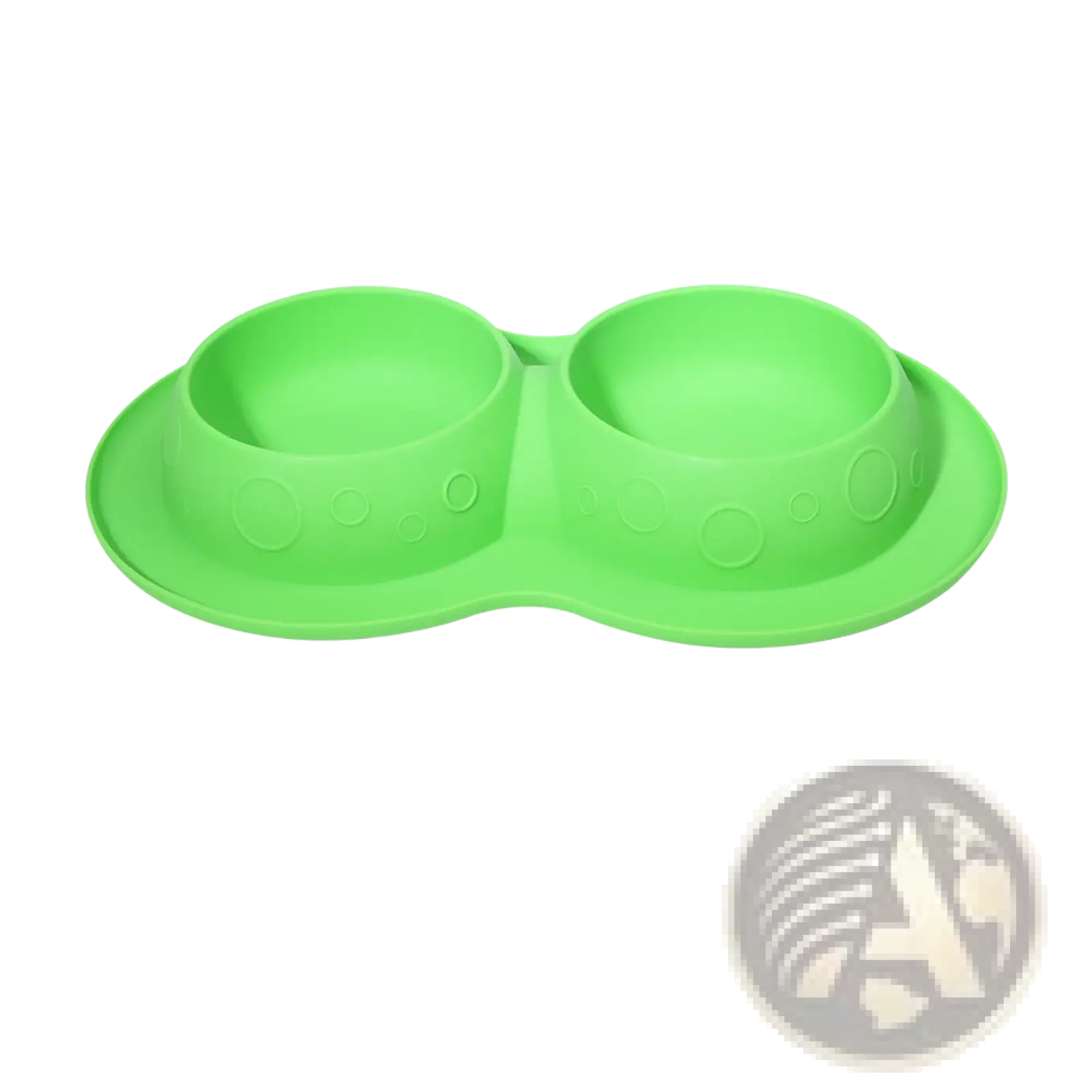 Bright green silicone pet food and water bowl mat set with two connected bowls featuring embossed circle patterns