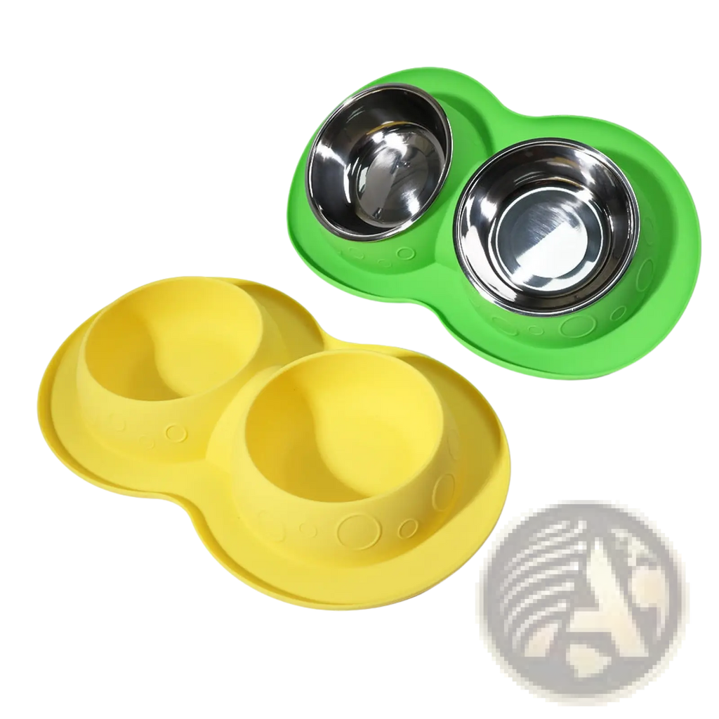 Green and yellow silicone pet feeding trays with stainless steel bowls in a silicone pet food and water bowl mat set