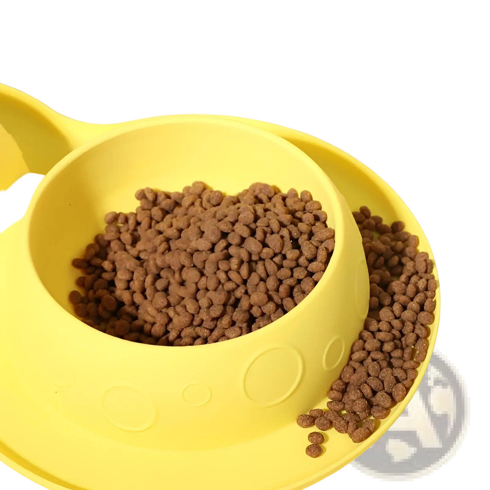 Yellow silicone pet food and water bowl mat set with circular embossed patterns and matching tray for feeding pets