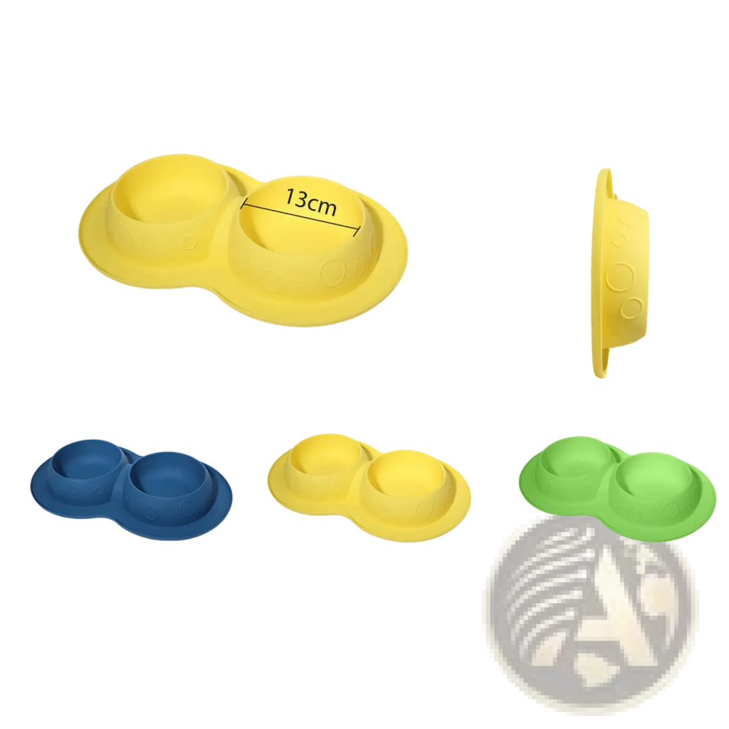Yellow silicone pet food and water bowl mat set with two separate compartments for feeding pets