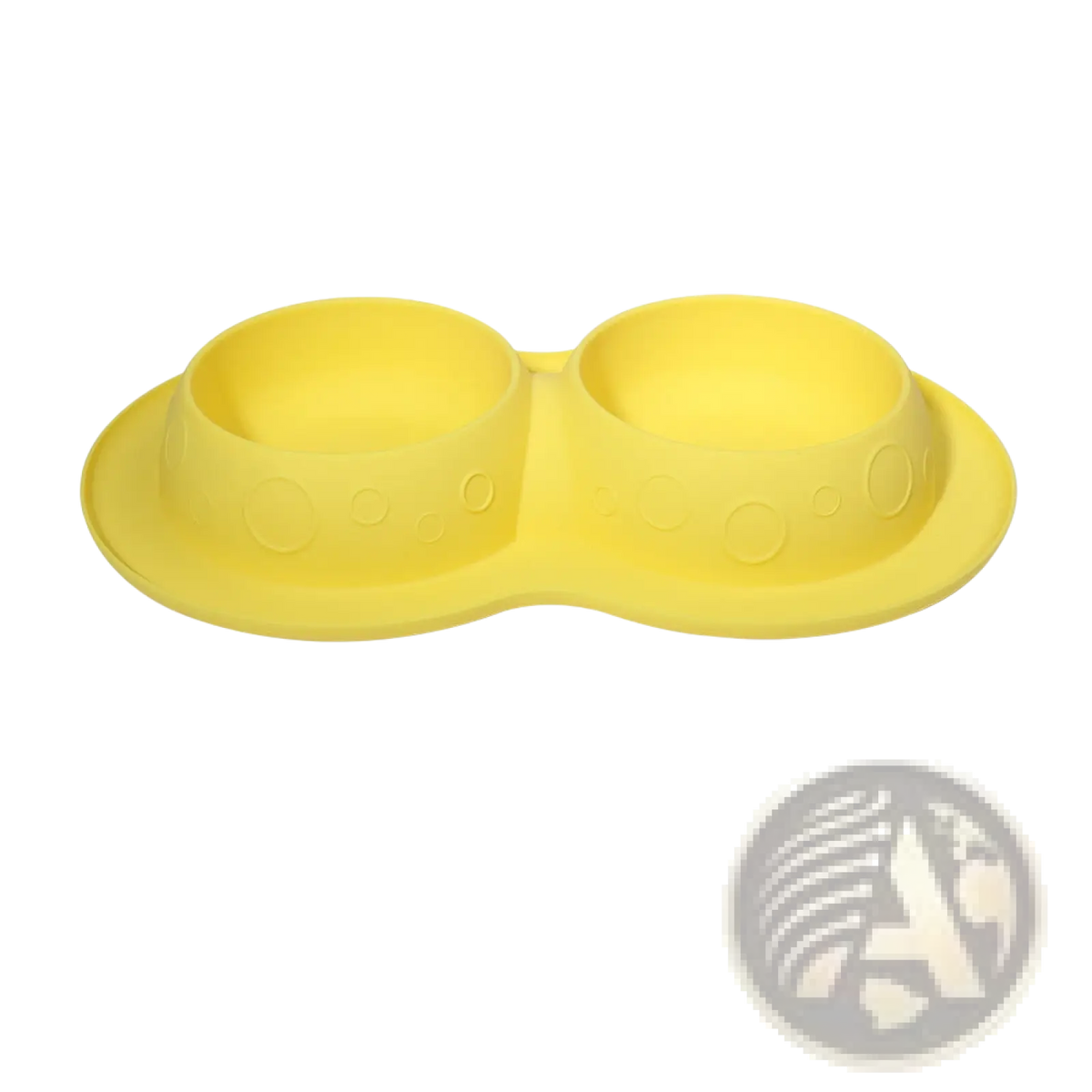 Yellow silicone pet feeder with two bowls and circular texture patterns from silicone pet food and water bowl mat set