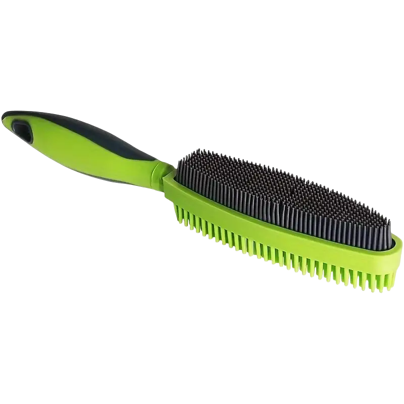 Bright green and black silicone pet hair remover brush with dense stiff bristles for effective fur removal