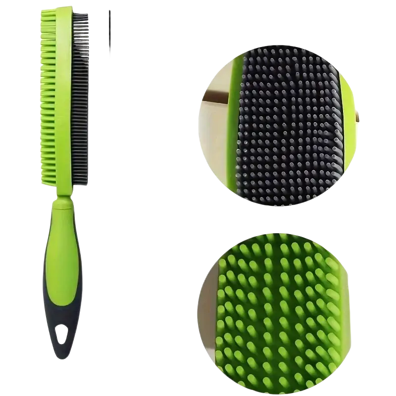 Silicone pet hair remover brush with green and black dual-sided flexible bristles for effective fur removal