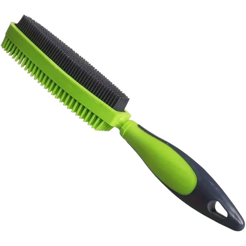 Silicone pet hair remover brush with green and black dual-sided silicone bristles and ergonomic handle for grooming