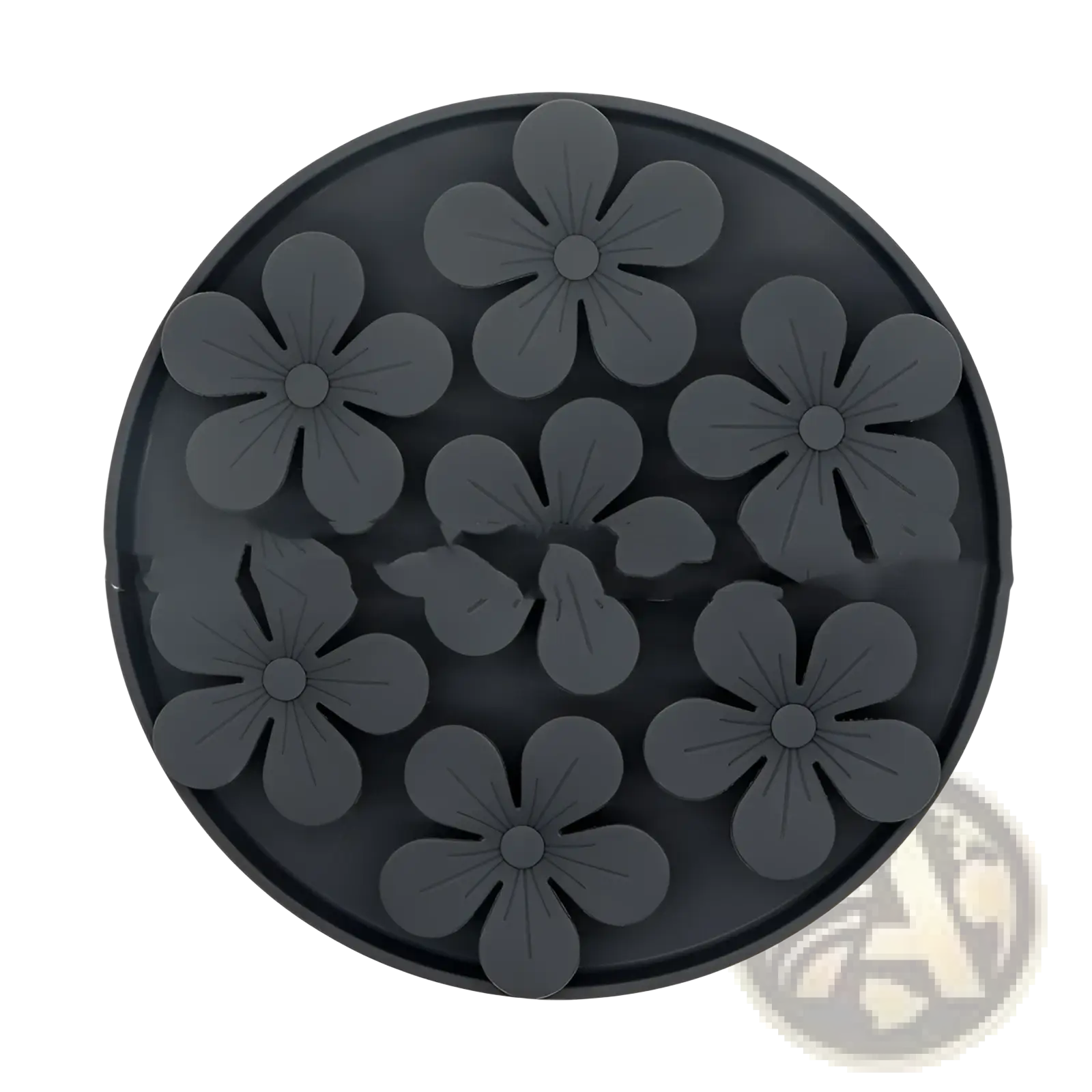 Black silicone ice cube tray with raised flower-shaped molds for silicone pet licking mat and slow feeder food set