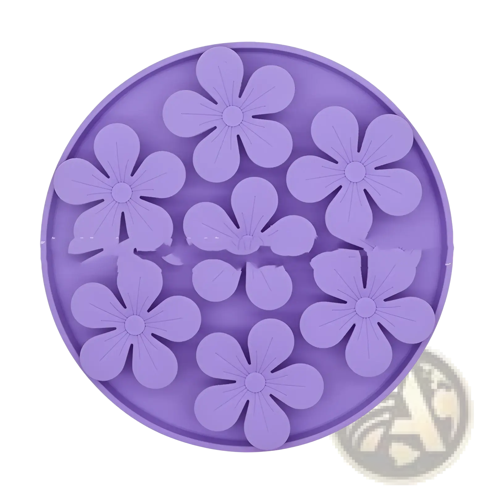 Purple silicone flower mold with five-petaled blossoms for silicone pet licking mat and slow feeder food set