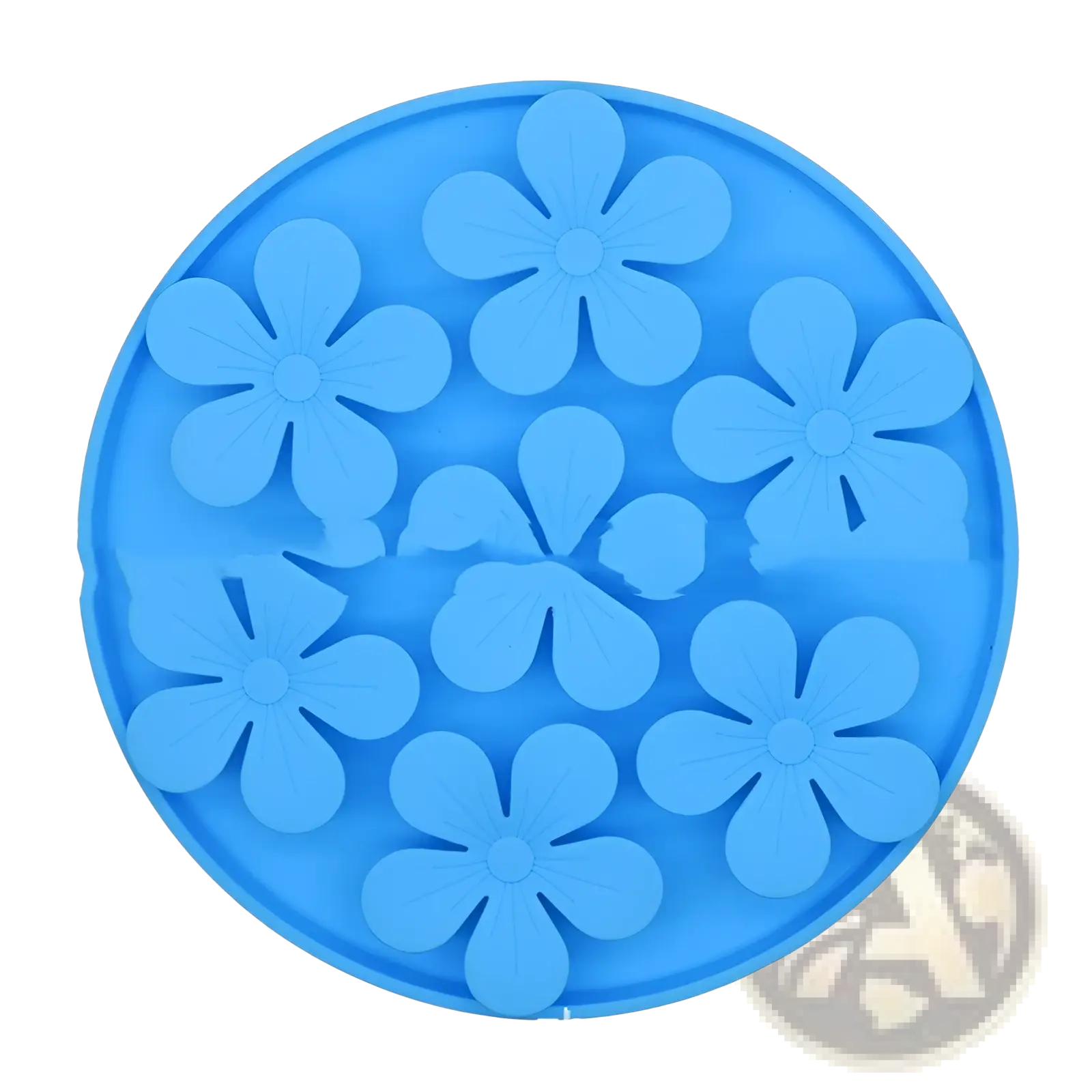 Blue silicone flower mold with multiple petal-shaped cavities for silicone pet licking mat and slow feeder set