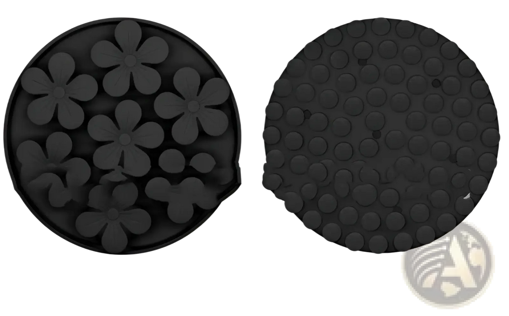 Black silicone circular coaster with raised flower and dot patterns for pet licking mat and slow feeder set