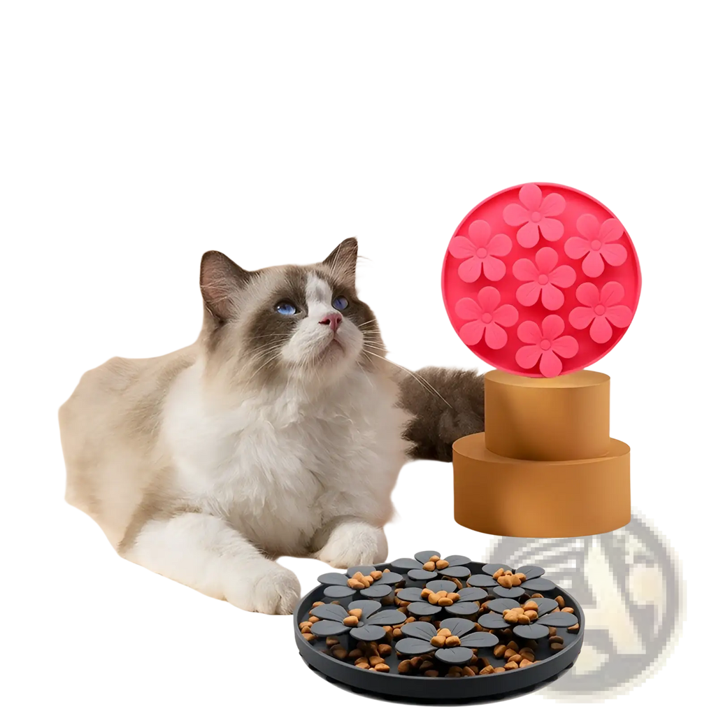 Pink silicone flower-shaped pet feeder on a tiered stand from the silicone pet licking mat and slow feeder food set