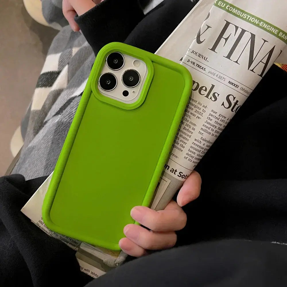 Vibrant lime green frosted matte silicone minimalist couple phone case back with precise camera lens cutouts