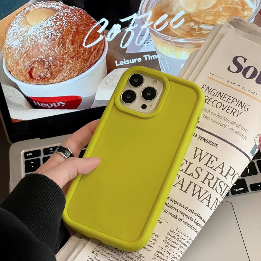Vibrant lime green frosted matte silicone minimalist couple phone case back with smooth finish and precise camera cutouts