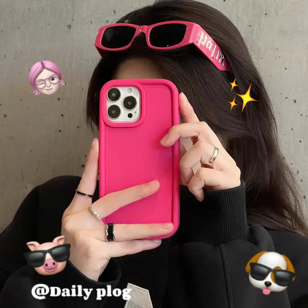 Vibrant pink frosted matte silicone minimalist couple phone case for iphone 13 pro showing the back with raised camera cutout