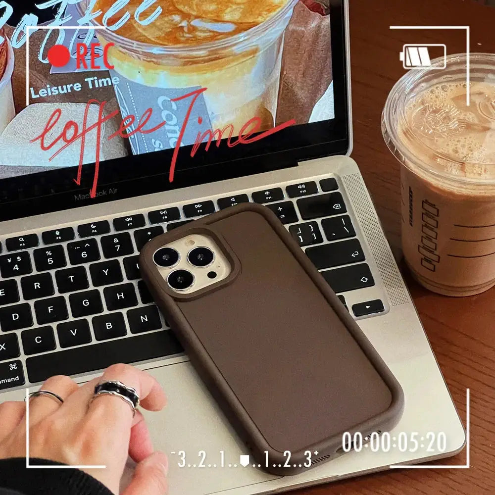 Brown frosted matte silicone minimalist couple phone case showing back with cutout for triple-camera system