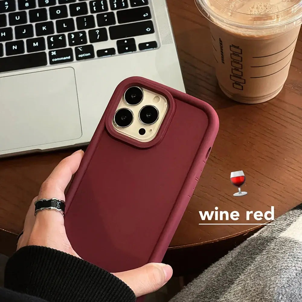 Wine red frosted matte silicone minimalist couple phone case showing back with raised camera cutout for iphone 13 pro