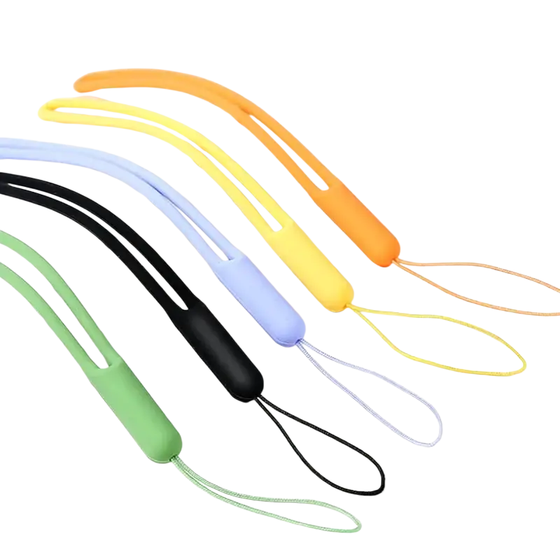 A set of colorful silicone phone wrist straps in orange yellow light blue black and green for secure phone carrying