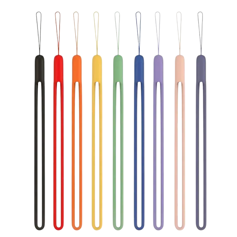 A set of eight colorful silicone phone wrist straps in a rainbow gradient with looped tops for easy attachment