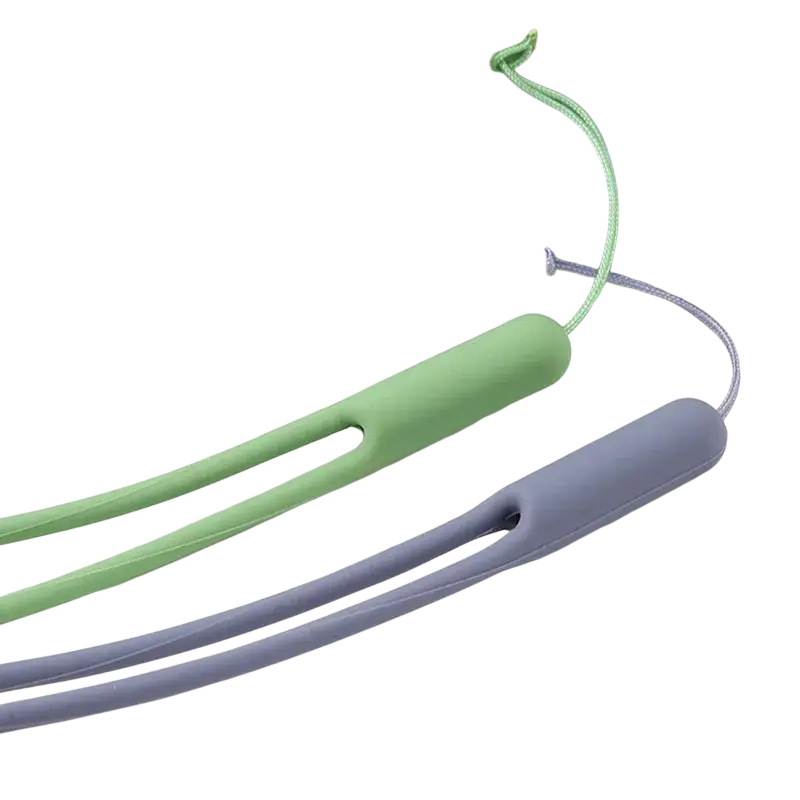 Silicone phone wrist strap 2 pack in mint green and lavender made of soft silicone with sleek cylindrical design and secure loops