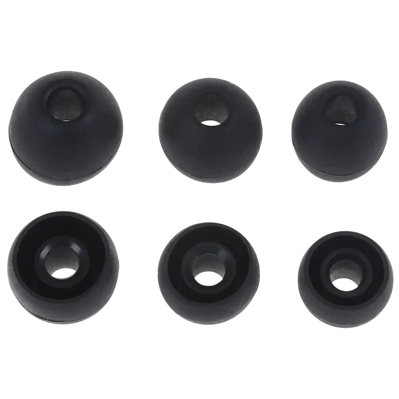 Set of six black silicone replacement earphone tips in small medium and large sizes for headphones or earbuds