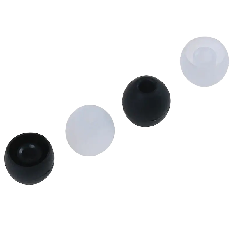 Silicone replacement earphone tips in black and white glossy spherical plastic beads available in six pairs s m l sizes