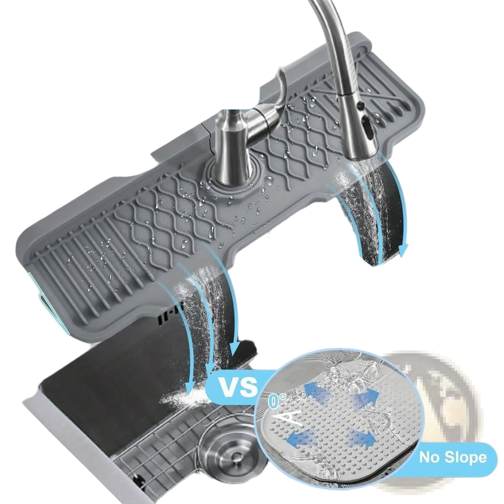 Gray silicone kitchen sink faucet mat with 5-degree slope for fast self-draining water runoff