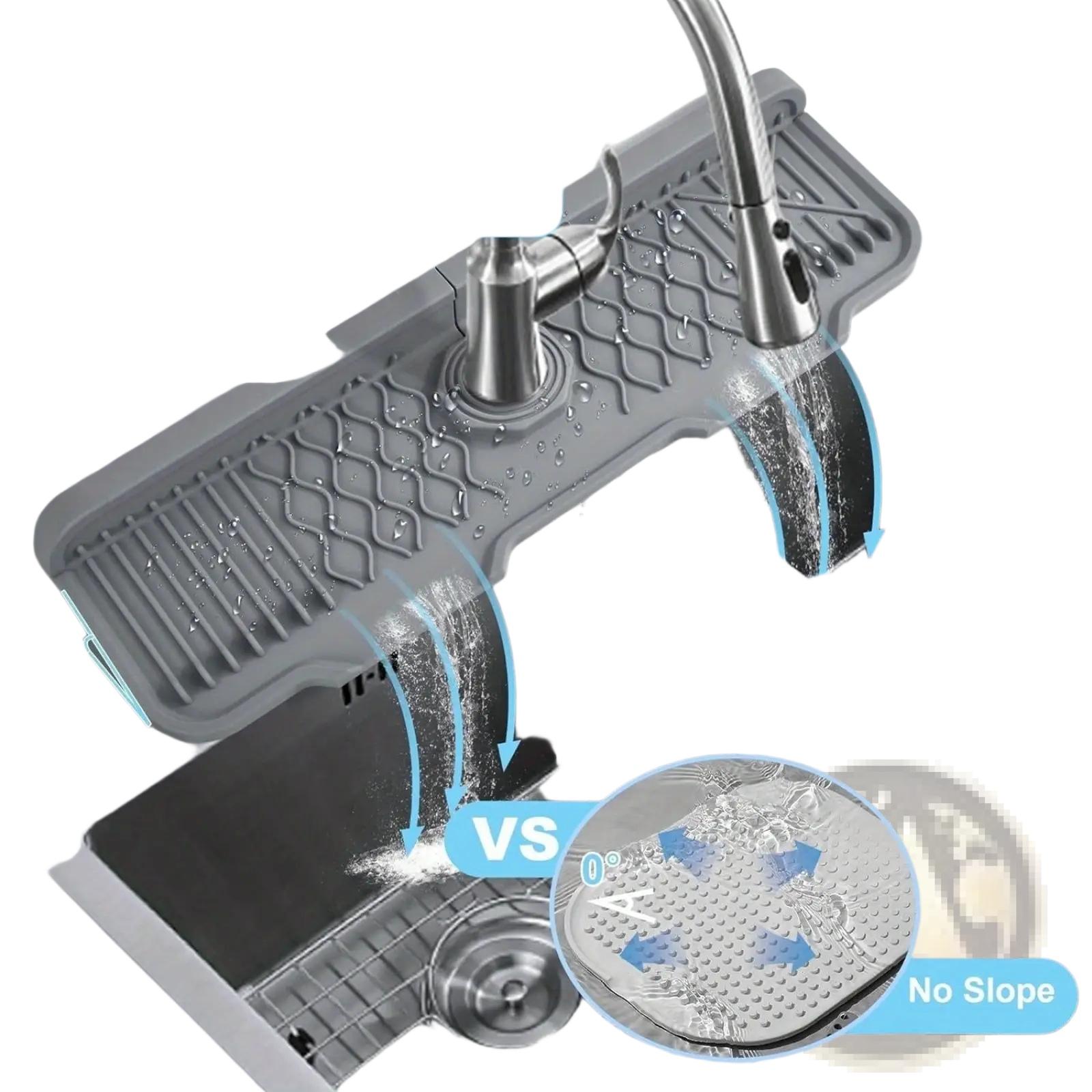 Gray silicone kitchen sink faucet mat with 5-degree slope for fast self-draining water runoff