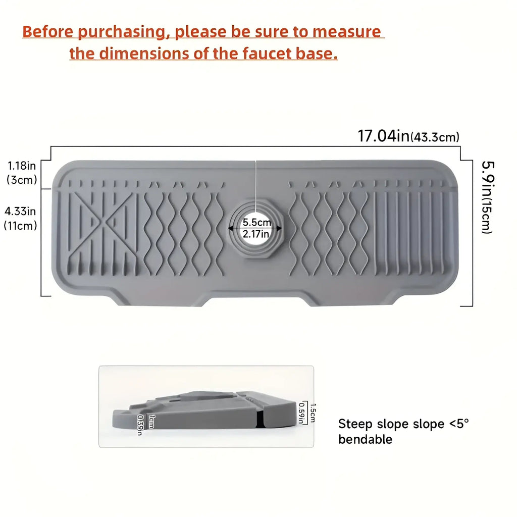 Gray silicone self draining kitchen sink faucet mat base with textured wavy ridges and central mounting hole