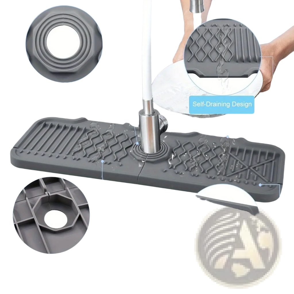 Dark gray silicone self draining kitchen sink faucet mat with foldable edge for efficient water drainage