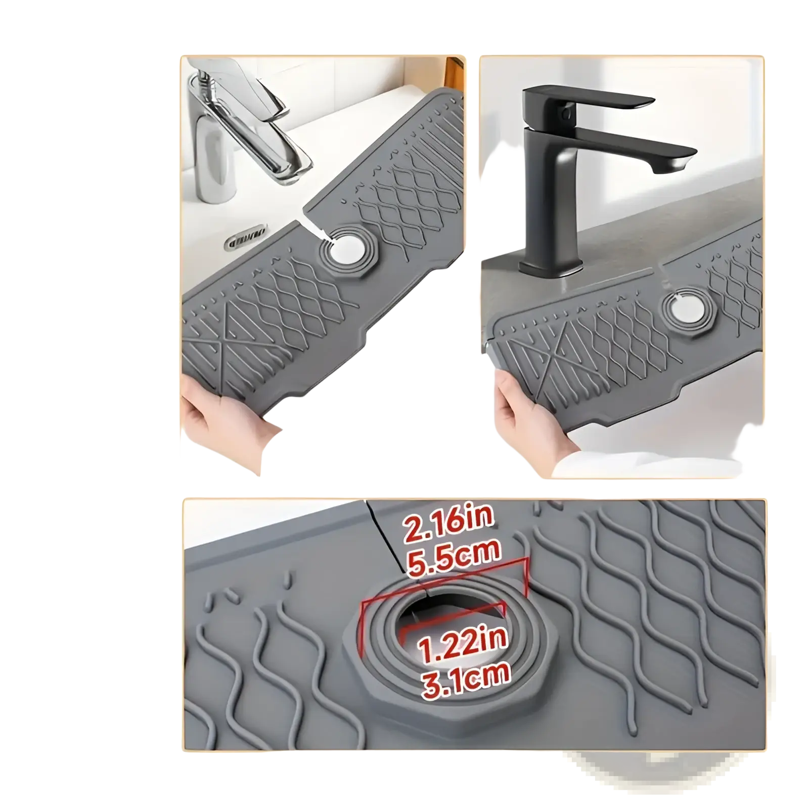 Gray silicone self-draining kitchen sink faucet mat with textured diamond pattern and integrated circular drain hole