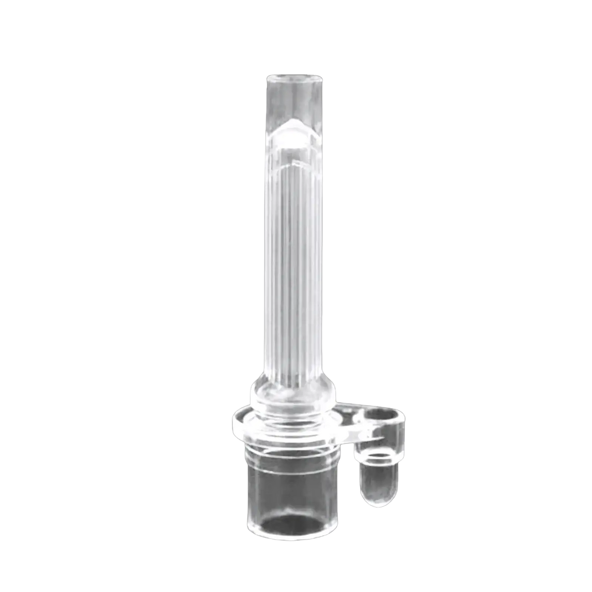 Clear plastic silicone sippy cup straw replacement accessory with ribbed central tube and side attachment visible