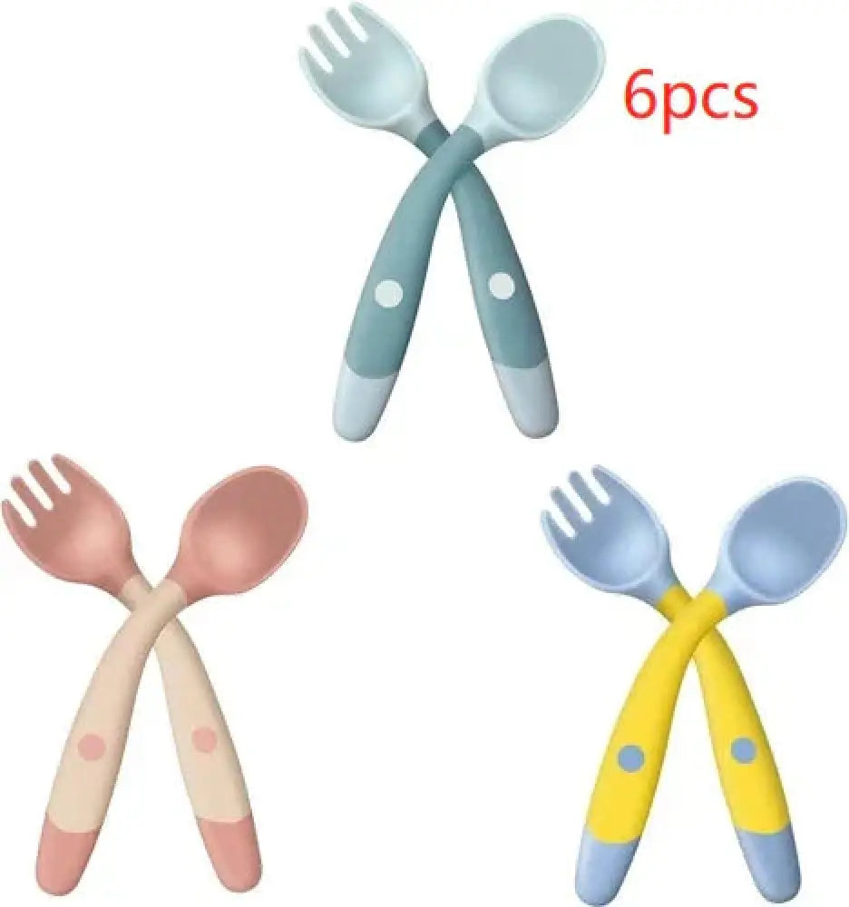 Soft silicone baby spoon and fork self feeding set with six pastel pink blue and yellow utensils with rounded handles
