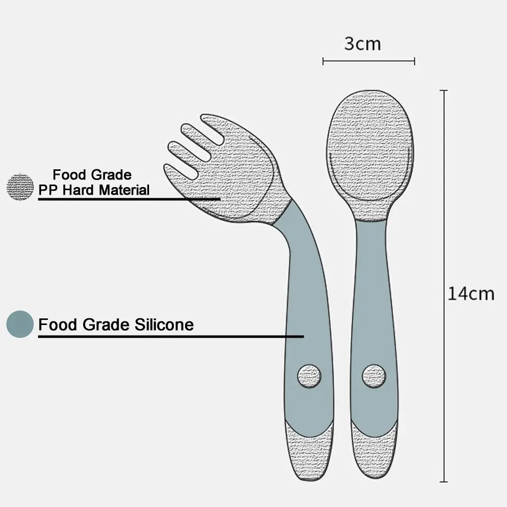 A sleek light gray soft silicone baby spoon and fork self feeding set made from food grade pp with silicone grips
