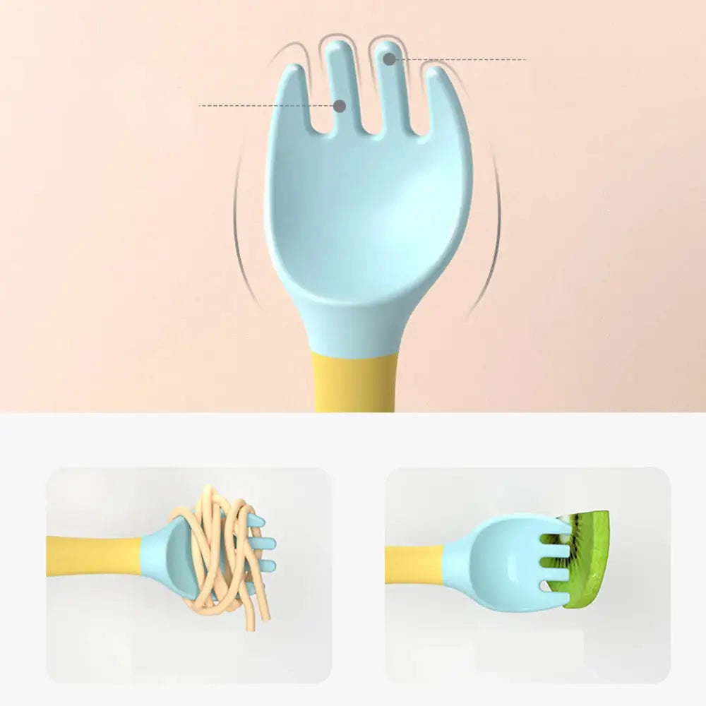Light blue and yellow soft silicone baby feeding fork with rounded design for easy grip in self feeding set