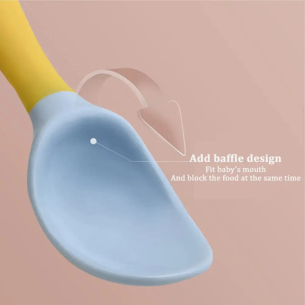 Soft silicone baby spoon with blue silicone scoop yellow handle and baffle design for self feeding
