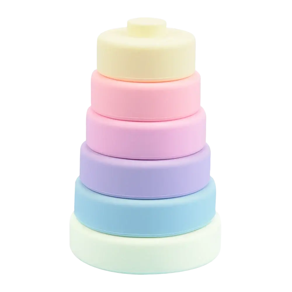Silicone stacking blocks pastel montessori toys featuring pastel-colored silicone rings in soft yellow pink lavender blue and green