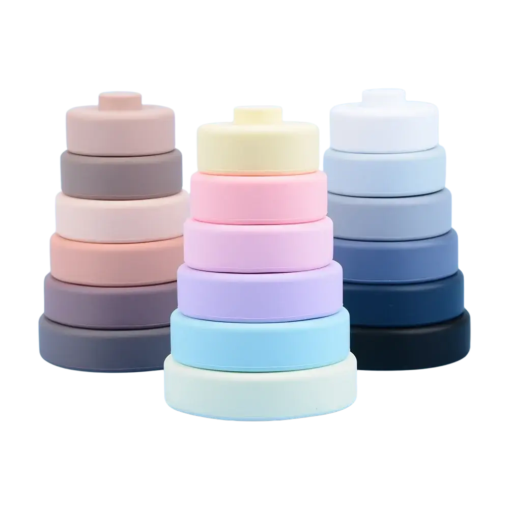 Silicone stacking blocks pastel montessori toys featuring pastel-colored silicone stacking rings in pink yellow blue and gray