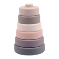 Stacked silicone nesting rings in pastel pink gray and beige for silicone stacking blocks pastel montessori toys
