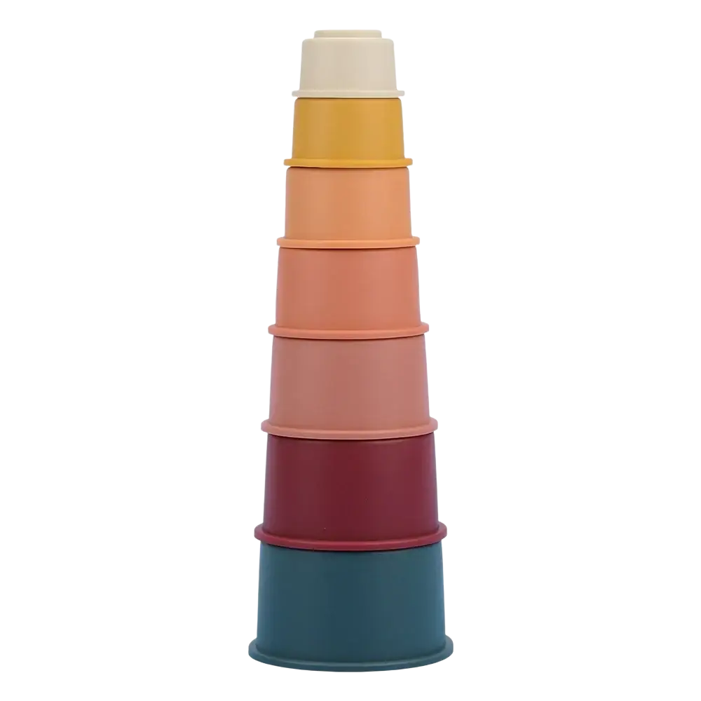 Silicone stacking blocks pastel montessori toys with seven colorful plastic nesting cups in cream to teal gradient