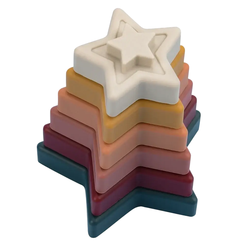 Silicone stacking blocks pastel montessori toys featuring a stacked star-shaped nesting toy in soft pastel rainbow plastic