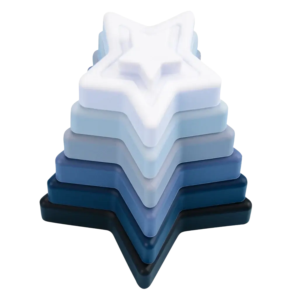 Silicone stacking blocks pastel montessori toys featuring stacked star-shaped nesting design in blue gradient hues