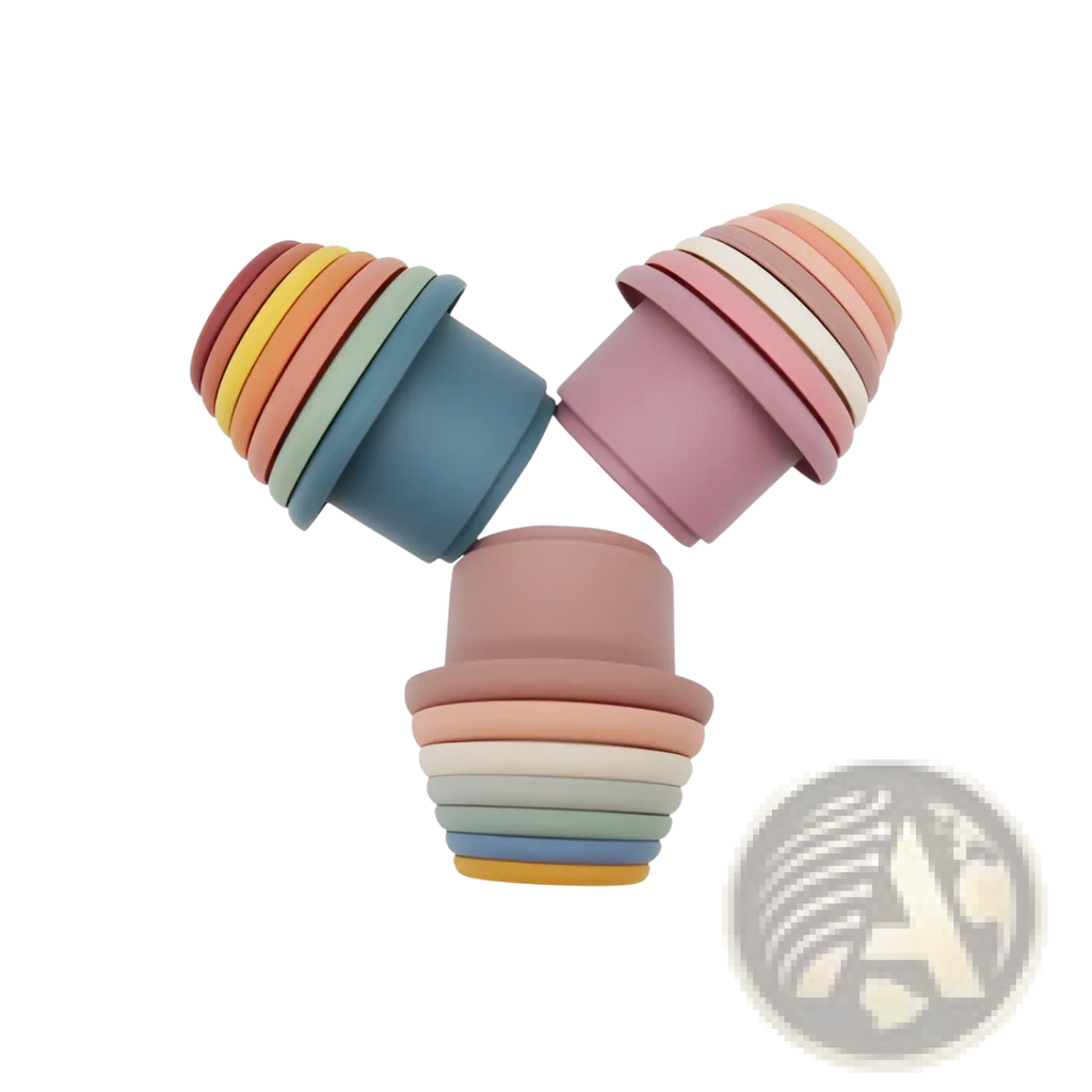 Set of three colorful silicone stacking cups in pastel and earthy tones educational nesting baby toy