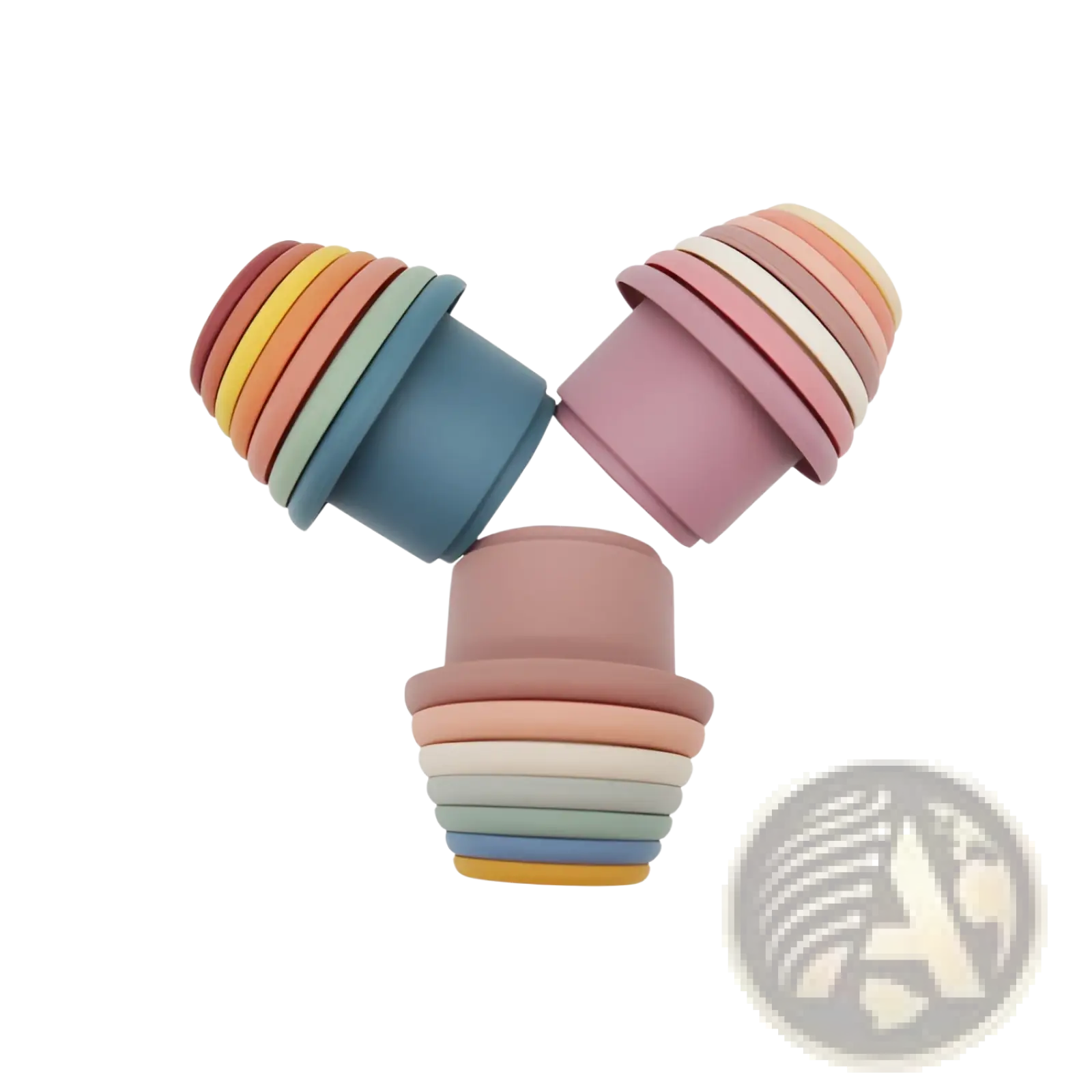 Set of three colorful silicone stacking cups in pastel and earthy tones educational nesting baby toy