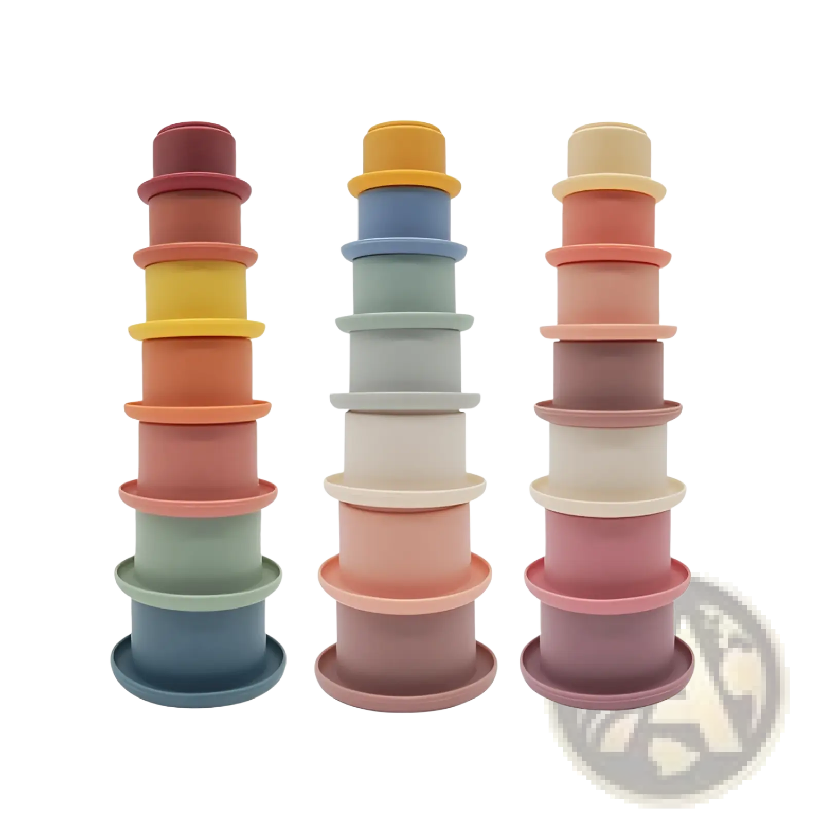 Three stacks of pastel-colored silicone stacking cups with gradient hues and matte finish educational baby toy