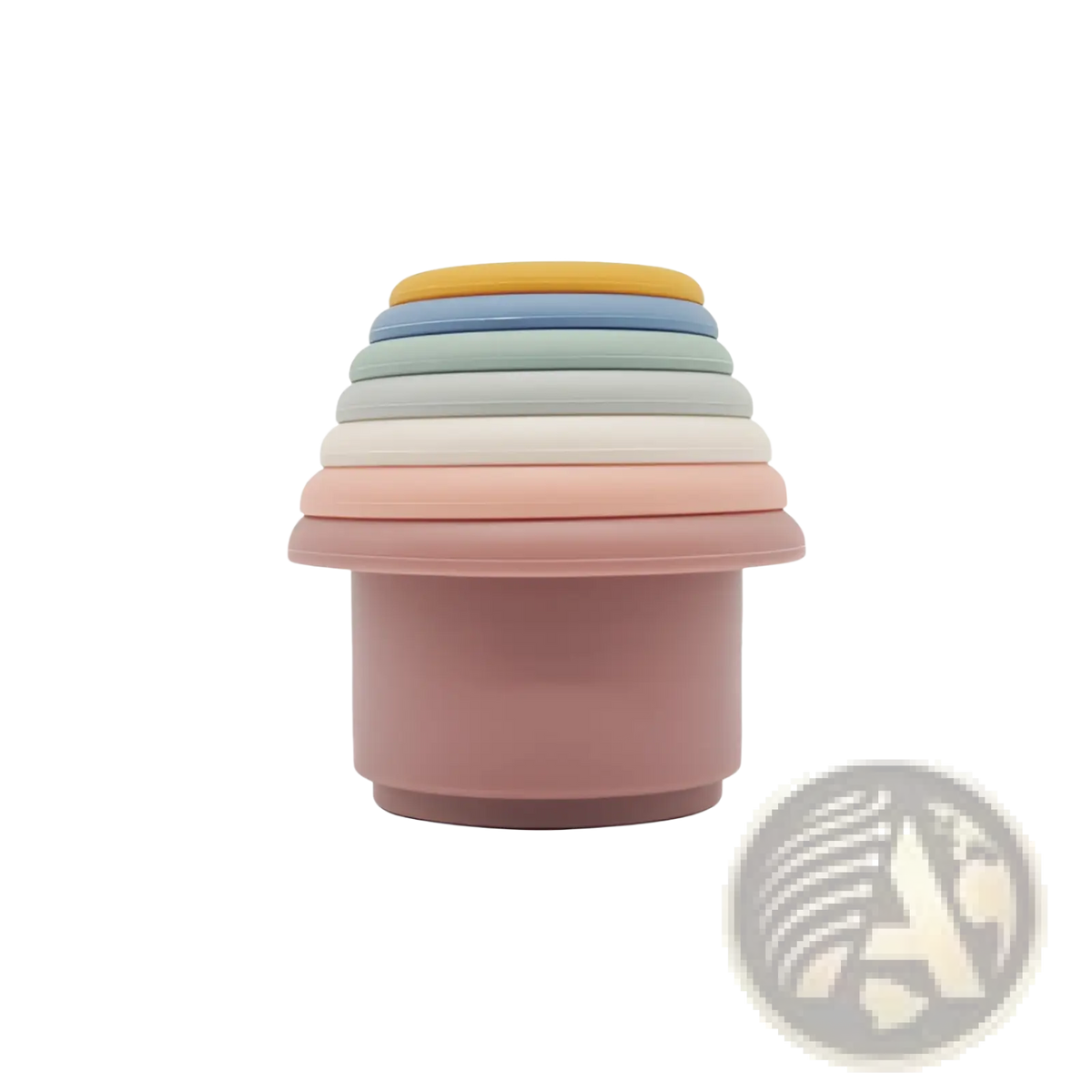 Stacked silicone stacking cups in pastel rainbow hues for educational nesting baby toy made of soft silicone
