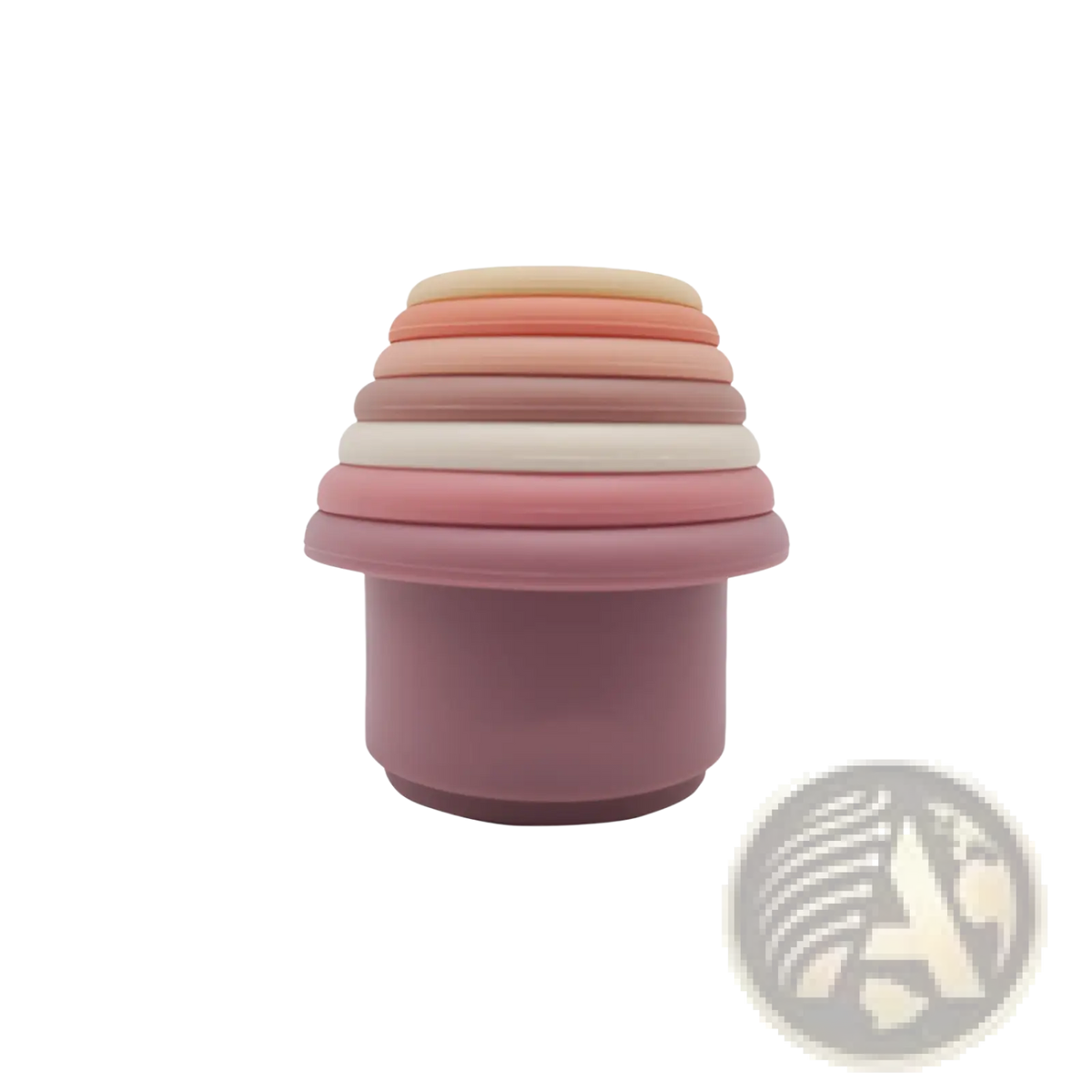 Silicone stacking cups educational nesting baby toy with six pastel pink peach and cream silicone cups in a stack