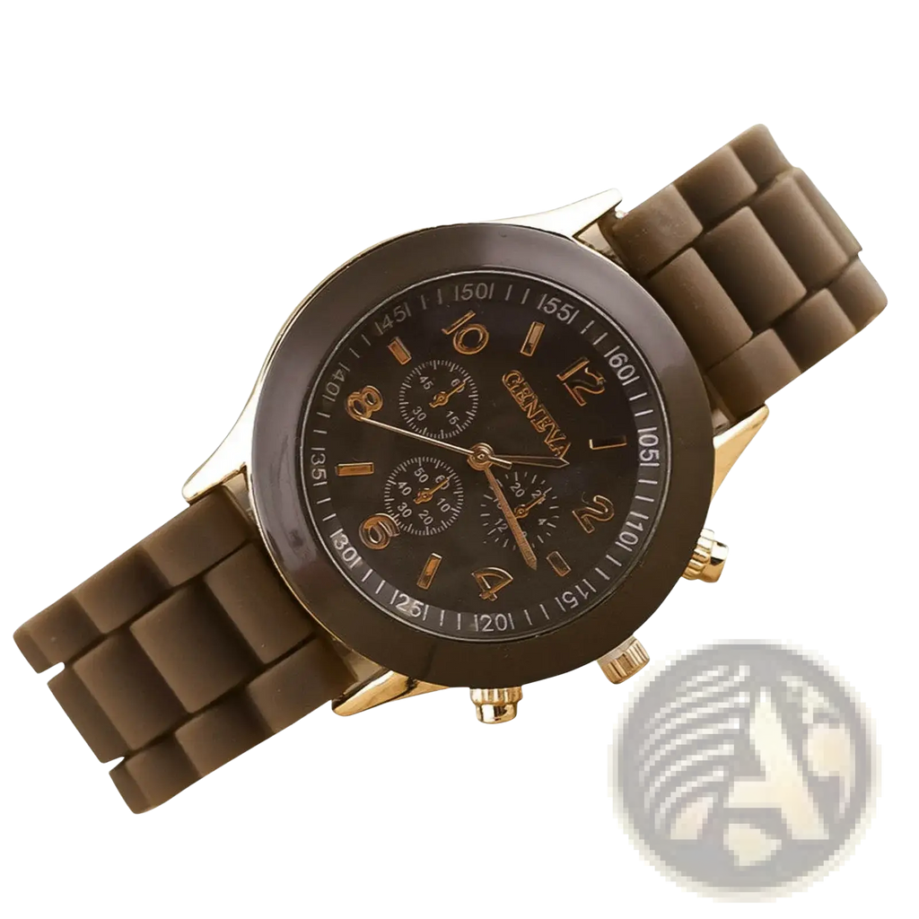 Silicone strap quartz women watch luxury chronograph with brown silicone strap gold-tone accents and dark brown dial