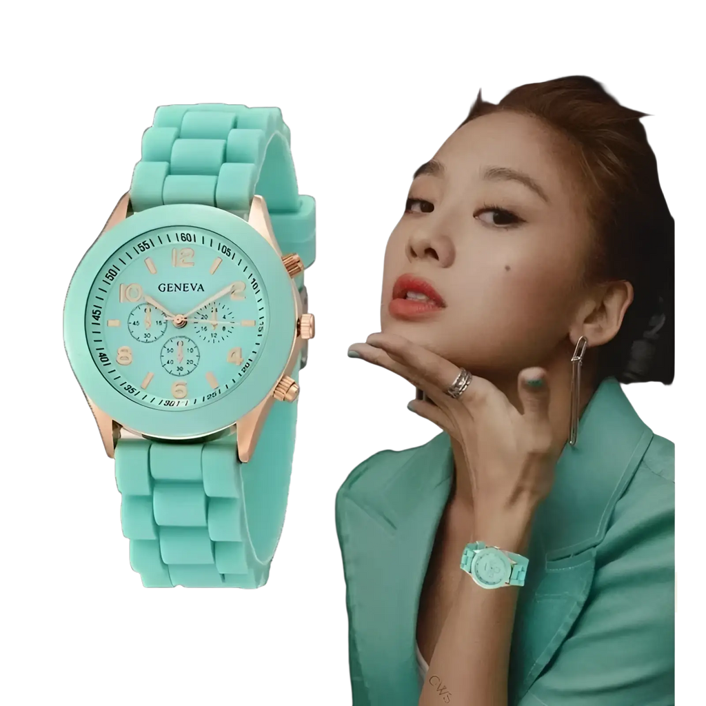 Mint green silicone strap luxury chronograph women watch with rose gold tone case and bezel quartz movement